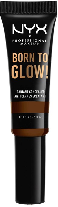 Czarna tubka z srebrnym, białym i brązowym tekstem, pokazująca NYX i podkreślająca 'Born to Glow' oraz korektor.