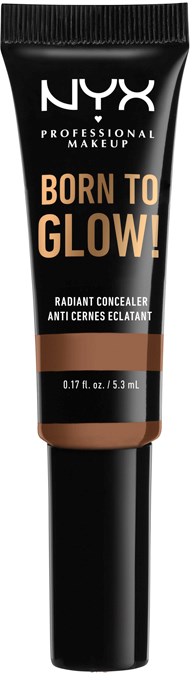 A black tube of NYX radiance concealer with a brown band, labeled 'Born to Glow!'.