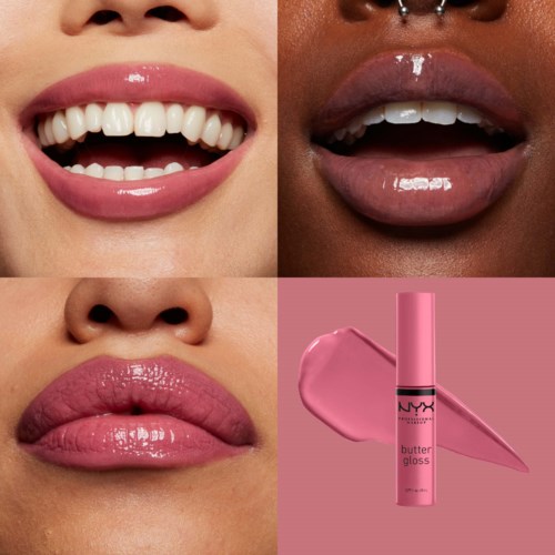 Läppglans applicerad på fyra olika läppar, med en rosa NYX Butter Gloss-tub synlig.