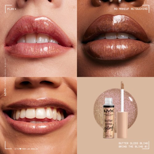 Fyra bilder visar olika läppstilar med gloss och läppstift, alla med leende uttryck, och en NYX Butter Gloss-produkt.