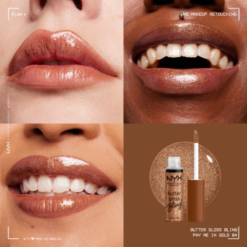 Närbild av läppar med gloss, leende mun som visar tänder och NYX Butter Gloss produktbild.