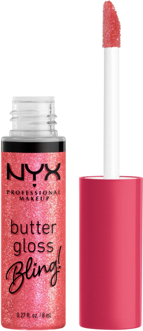 Läppglansrör med rosa lock och applikator, märkt NYX Butter Gloss Bling! i rosa och svart.