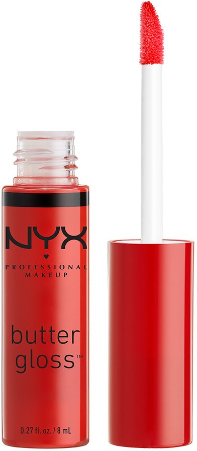 Röd NYX butter gloss-flaska med applikator. Etiketten visar produktnamn och märke. Glansen är klar att använda.