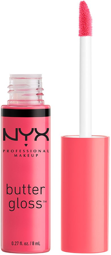 Ljusrosa läppglans med vit applicator och svart och rosa märkesetikett. Kapseln är rosa och applicatorn visar rosa gloss.
