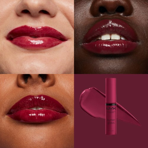 Close-up of lips with dark red glossy lipstick, showing different skin tones and lip shapes, with a lipstick tube and swatch.