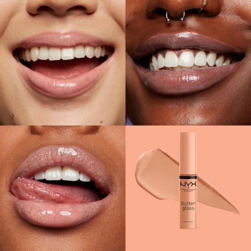 Drie close-up foto's van lachende monden met tanden en lippen, en een tube NYX butter gloss lipgloss.