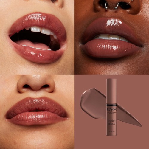 Nærbilde av lepper med leppestift og gloss, som viser ulike nyanser og teksturer, sammen med en lip gloss-tube.