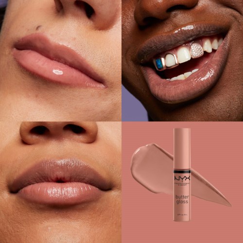 Nærbilde av lepper med skinnende, nude leppestift og en leppestift som heter Butter Gloss.