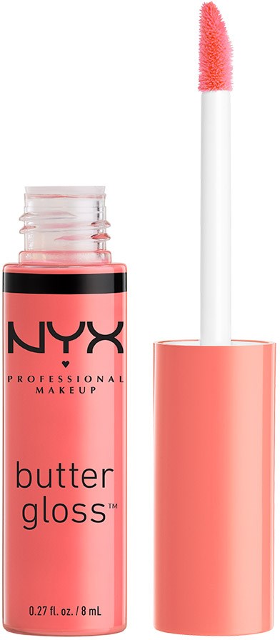 En rosa läppglansflaska med borstapplikator. Märket är NYX, märkt 'butter gloss'.