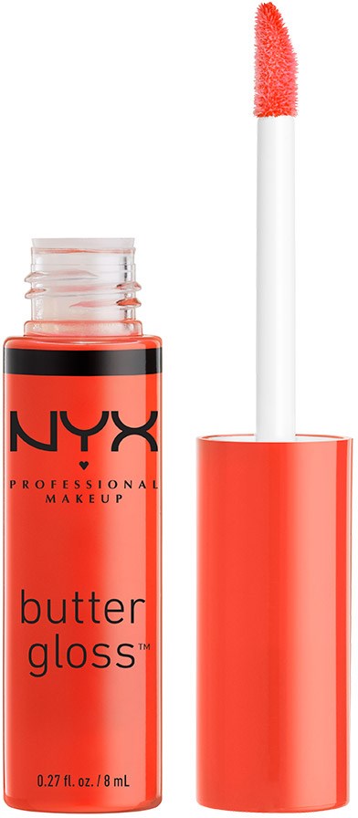Läppglansbehållare med applikator. Produkten är NYX Butter Gloss, ett makeupprodukt.