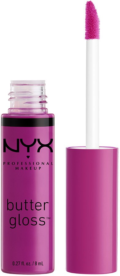 En rosa tub med NYX butter gloss med avlägsnad applikator, visar rosa läppglans inuti.