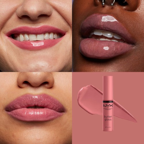 Närbild av läppar med rosa gloss, visar före och efter applicering av NYX butter gloss, bredvid produktförpackningen.