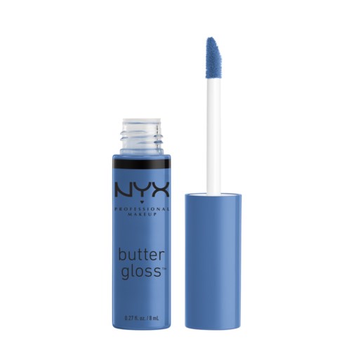 En blå skönhetsprodukt med en borste, märkt NYX Butter Gloss, används för glansiga läppar.