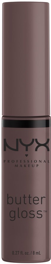 En flaska NYX Butter Gloss läppglans i en mörk nyans mot en svart bakgrund.