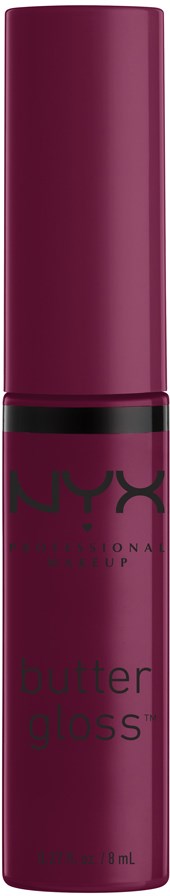 Ett djuprött läppglans med rosa lock och svart band, med texten "NYX Butter Gloss".