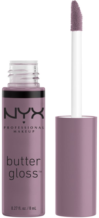 En liten flaska med NYX Butter Gloss läppglans med en vit applicator-stav.