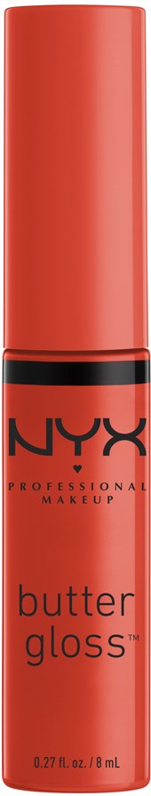 En röd tube med NYX Butter Gloss läppglans eller läppstift. Det är slankt med svart och röd text.