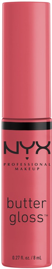 Ruusukultainen NYX butter gloss -putki, jossa musta teksti, ja korkki plus tuotteen kuvaus.