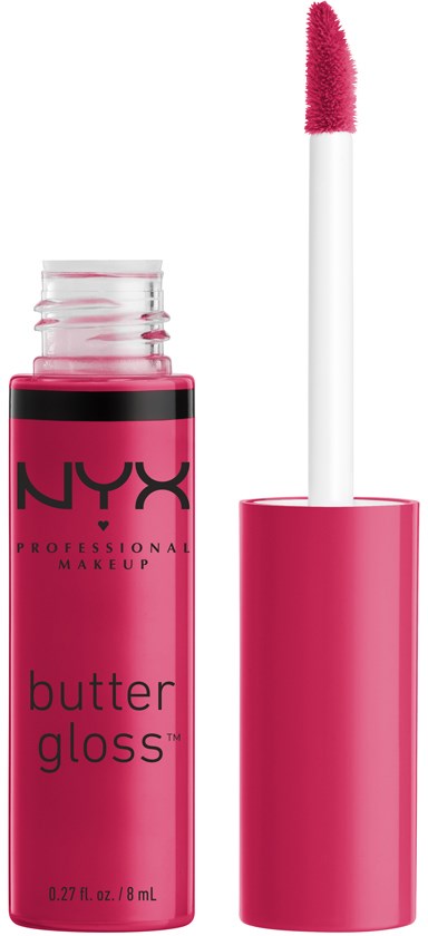 En rosa NYX Butter Gloss läppglansflaska med kork och applikator utanför.
