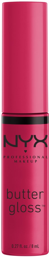 Rosa NYX Butter Gloss-rör med svart text och lock, stående vertikalt.