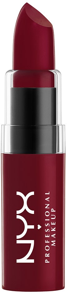 Röd läppstift i ett silver- och genomskinligt fodral med NYX-loggan.