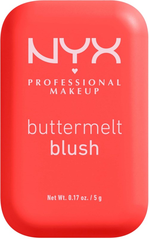 En rød sminke beholder med NYX logo, merket som buttermelt blush, 0,17 ounces.