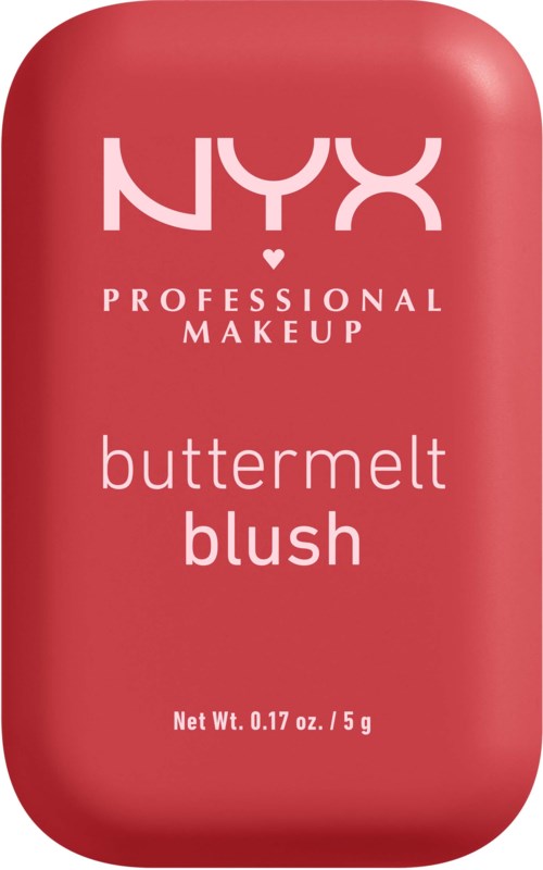 Ett rosa kosmetikaförpackning med vitt text, visar NYX Professional Makeup buttermelt blush, vikt 0,17 oz.