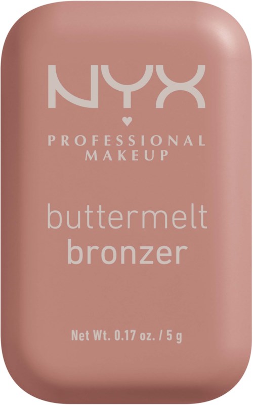 Mały, różowy produkt do makijażu z napisem 'NYX Professional Makeup buttermelt bronzer' oraz informacjami o wadze.