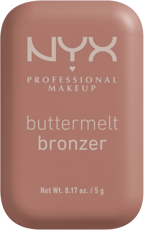 Mały, brzoskwiniowy produkt do makijażu oznaczony 'NYX Professional Makeup Butter Milt Bronzer' w zaokrąglonym prostokątnym kształcie.