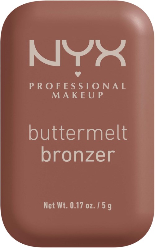 Mały, brązowy produkt do makijażu z białym tekstem, oznaczony 'NYX Professional Makeup Butter Milt Bronzer' i ważący 5 gramów.