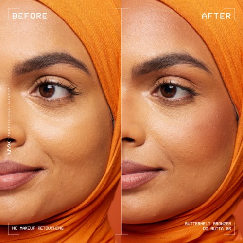 Side om side, der viser forbedret hud efter brug af skønhedsprodukt. Ingen makeup, kun hudpleje. Kvinde med orange hovedtørklæde.