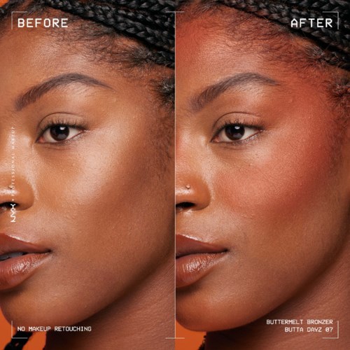 Before and after skincare, showing smoother skin and a tan after using a bronzer, no makeup applied.