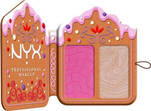 En leksakssminkingsats som liknar en pepparkakshuslåda, med fack för rosa och beige rouge, dekorerad med frosting och godisar.