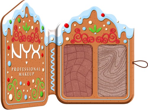 En NYX makeup palette, der ligner et peberkagehus med røde, grønne og hvide pynteting og to øjenskygger indeni.