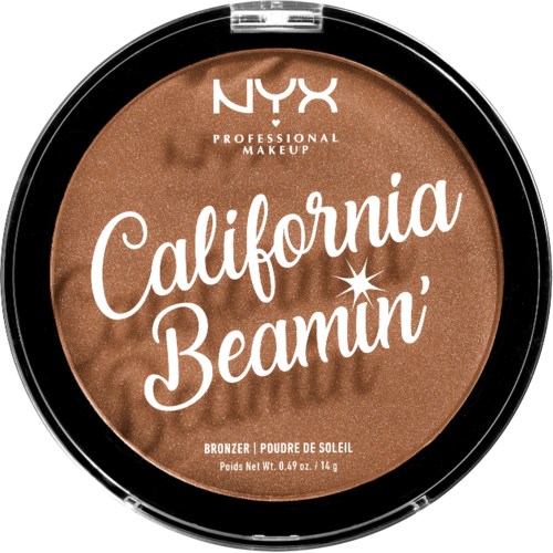 Round makeup compact with brown bronzer, NYX logo, and words 'California Beamin'' on lid.