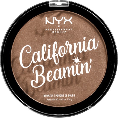 A round makeup product labeled NYX California Beamin' bronzer with a shiny brown surface.