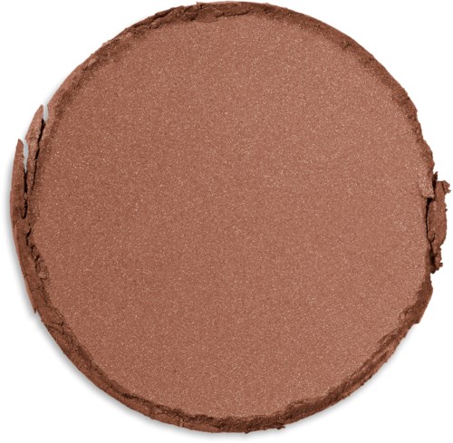 A round, chocolate-colored makeup eyeshadow with a shimmery surface and rough edges.