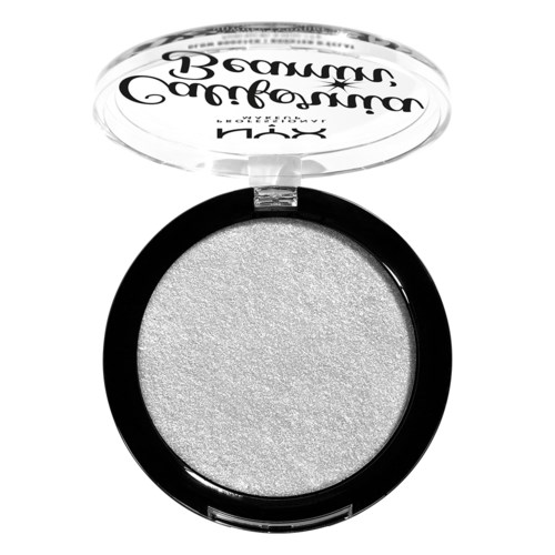 A round black container with silver eyeshadow and a clear lid with black text. The lid is open.