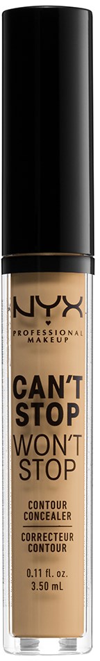 NYX contour concealer flaske med sort låg, beige væske indeni, etiketten siger 'Can't Stop Won't Stop'.