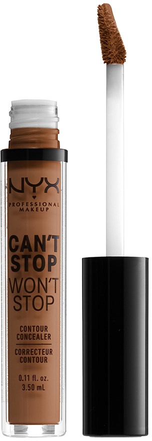En concealer-tube med børste, merket NYX, viser lys brun farge og svart lokk.