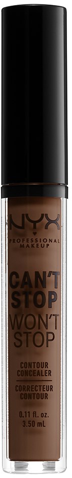 Eine Tube NYX Can't Stop Won't Stop Kontur-Concealer mit schwarzem Deckel und transparentem Körper, der das Produkt zeigt.