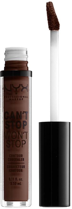 Ett brunt concealer i en genomskinlig tube med svart lock och applicator med svampdopp.