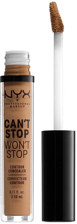 Concealer i tube med børste, merket NYX, med navn 'Can't Stop Won't Stop', brukt til sminke, inneholder brun nyanse.