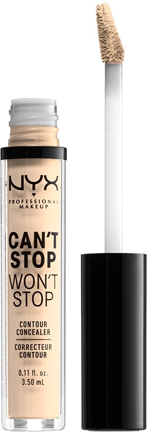 En tube med NYX concealer med applikatorstang og svart lokk. Tuben viser en lys beige farge inni.
