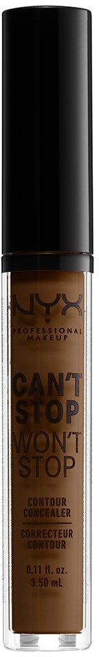En brun væske contour concealer i et gjennomsiktig rør med svart lokk fra NYX, med ordene "Can't Stop Won't Stop" på.