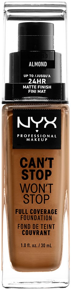 A bottle of NYX foundation with almond shade and matte finish, designed for full coverage and long-lasting wear.