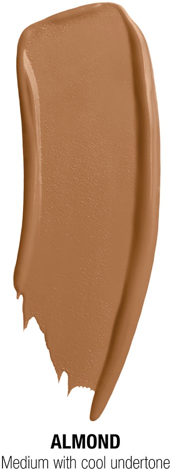 A smooth, almond-colored swatch with the word 'ALMOND' below, indicating a cosmetic product or makeup shade.