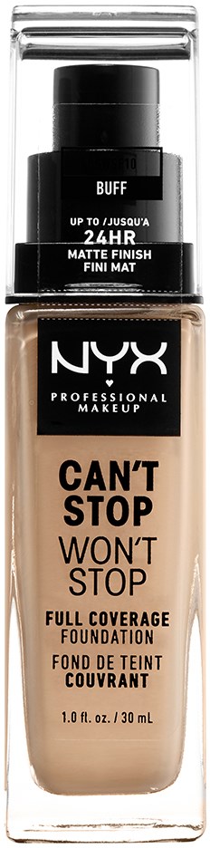A bottle of NYX foundation labeled 'Can't Stop Won't Stop' with black cap and beige liquid inside.