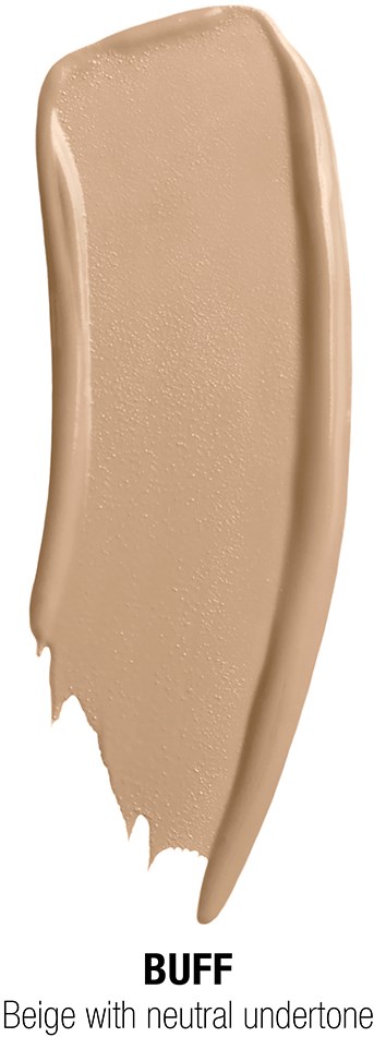 A beige makeup product with a smooth, curved shape called Buff, showing a neutral skin tone color.