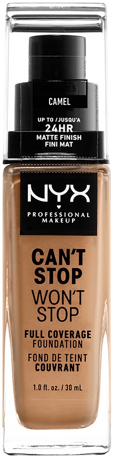 A bottle of NYX foundation with beige liquid, black cap, and label stating "Can’t Stop Won't Stop."